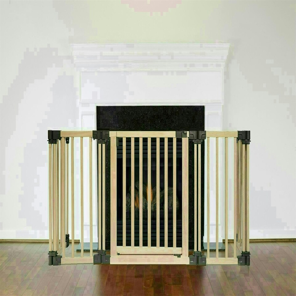 image 1 of Safetots Wooden Multi Panel Fire Surround, 88cm Deep x 120cm Wide, Natural Wood, 76cm Tall, Baby and Toddler Fire Guard, Safety Barrier for Fireplaces
