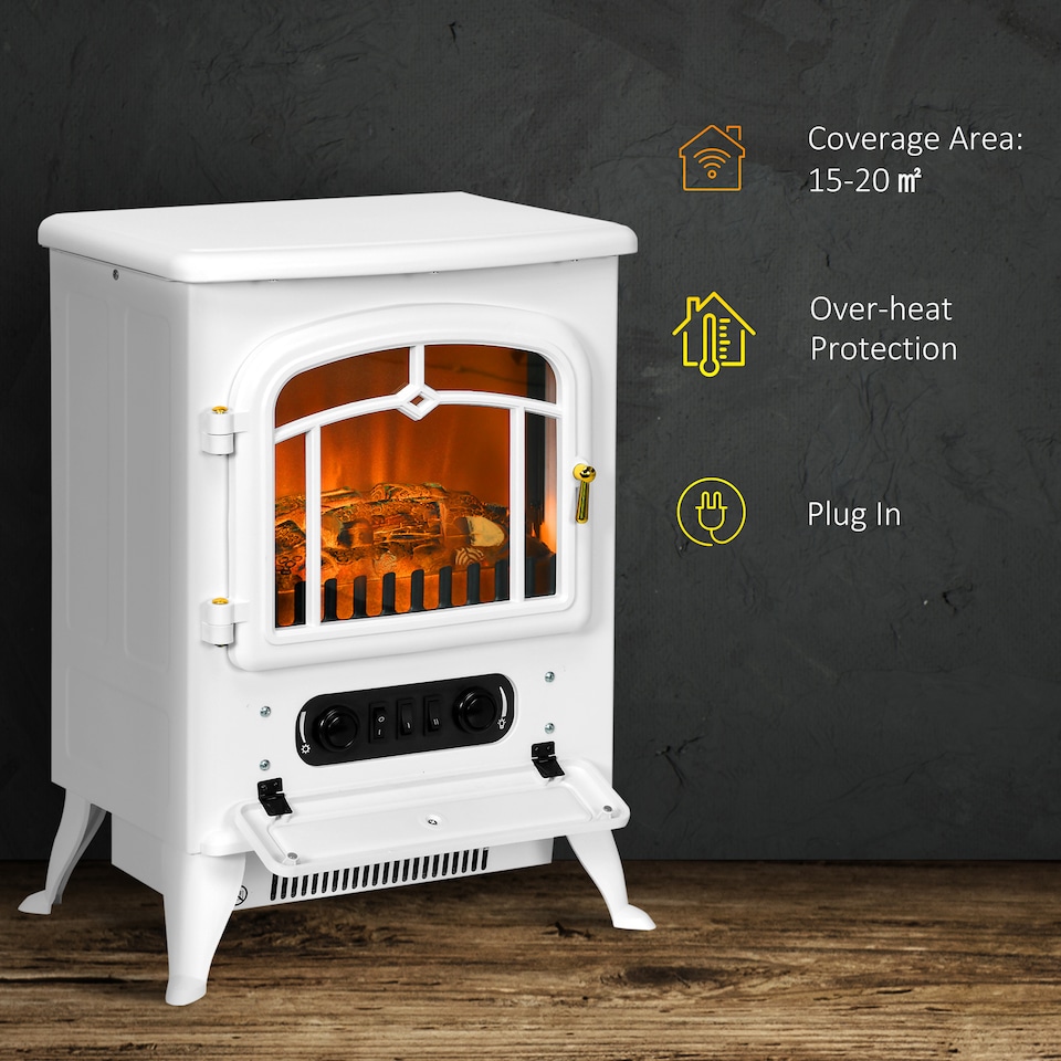 image 1 of HOMCOM Freestanding Electric Fireplace Indoor Heater Glass View Log Wood Burning Effect Flame Portable Fireplace Stove 9501850W White