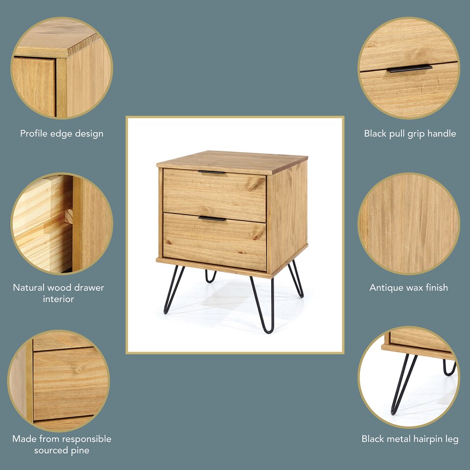 image 1 of Augusta 2 Drawer Bedside Table - Modern Industrial Style Nightstand for Bedrooms | Brown | Antique Waxed Pine | One Size | 1