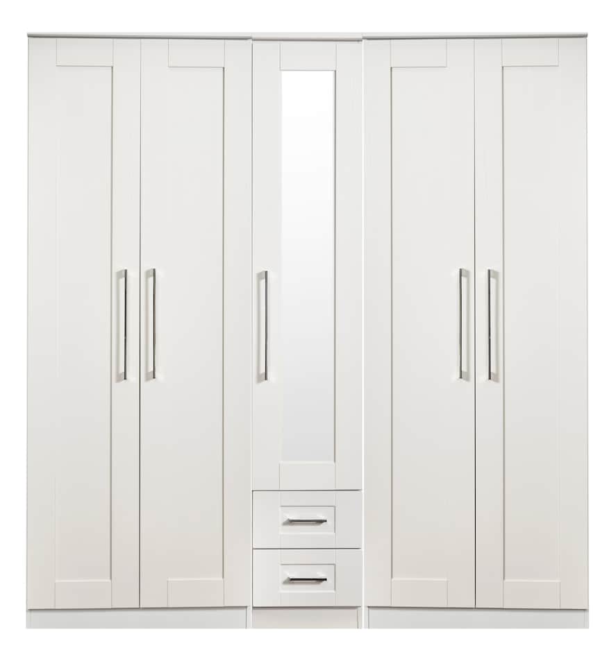 image 1 of Ripon Tall 5 Door 2 Drawer Single Mirror Wardrobe in White Ash (Ready Assembled) | White | White Ash