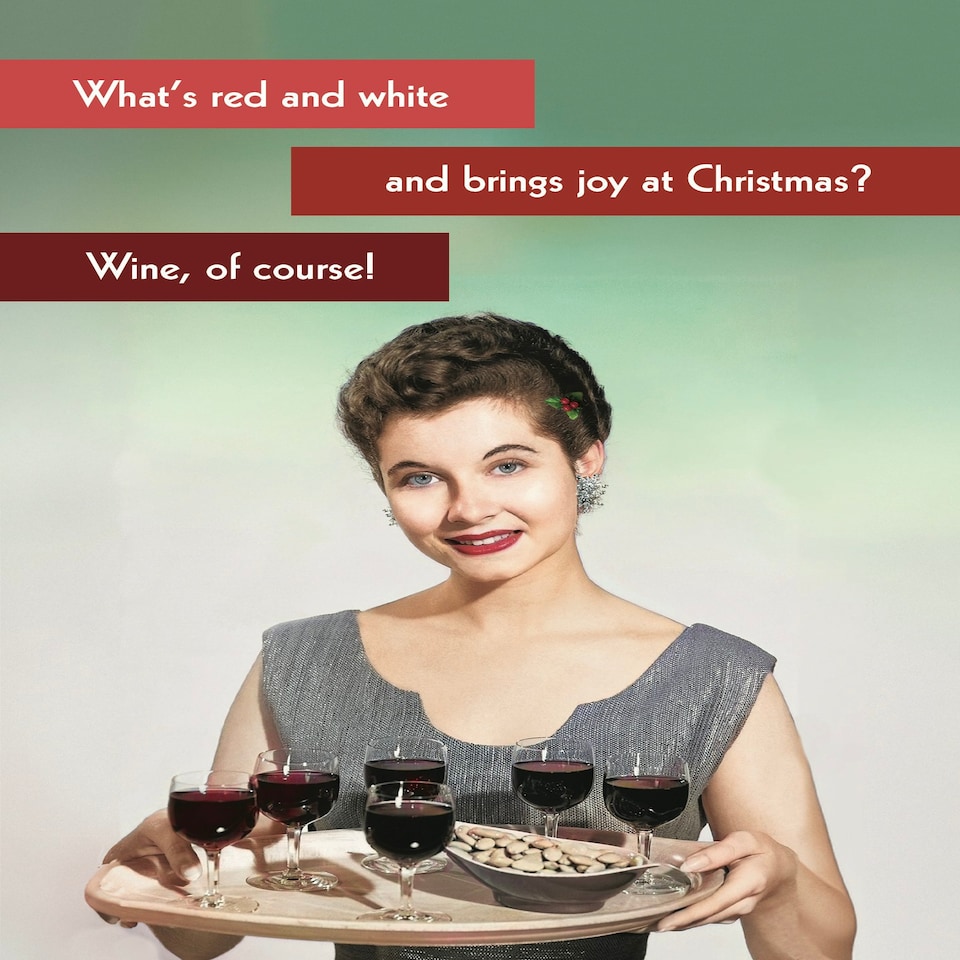image 1 of What's Red And White And Brings Joy At Christmas? - Funny Retro Christmas Card