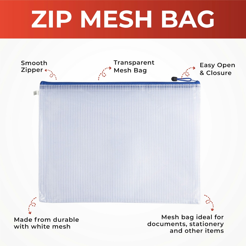 image 1 of Pack of 12 A3 Blue Zip Strong Mesh Bags - Tough Waterproof Storage