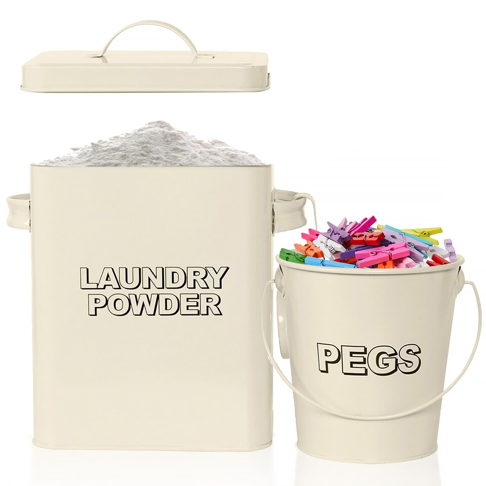 image 1 of Vintage Cream Laundry Detergent Storage Box Includes Matching Peg Bucket & Scoop