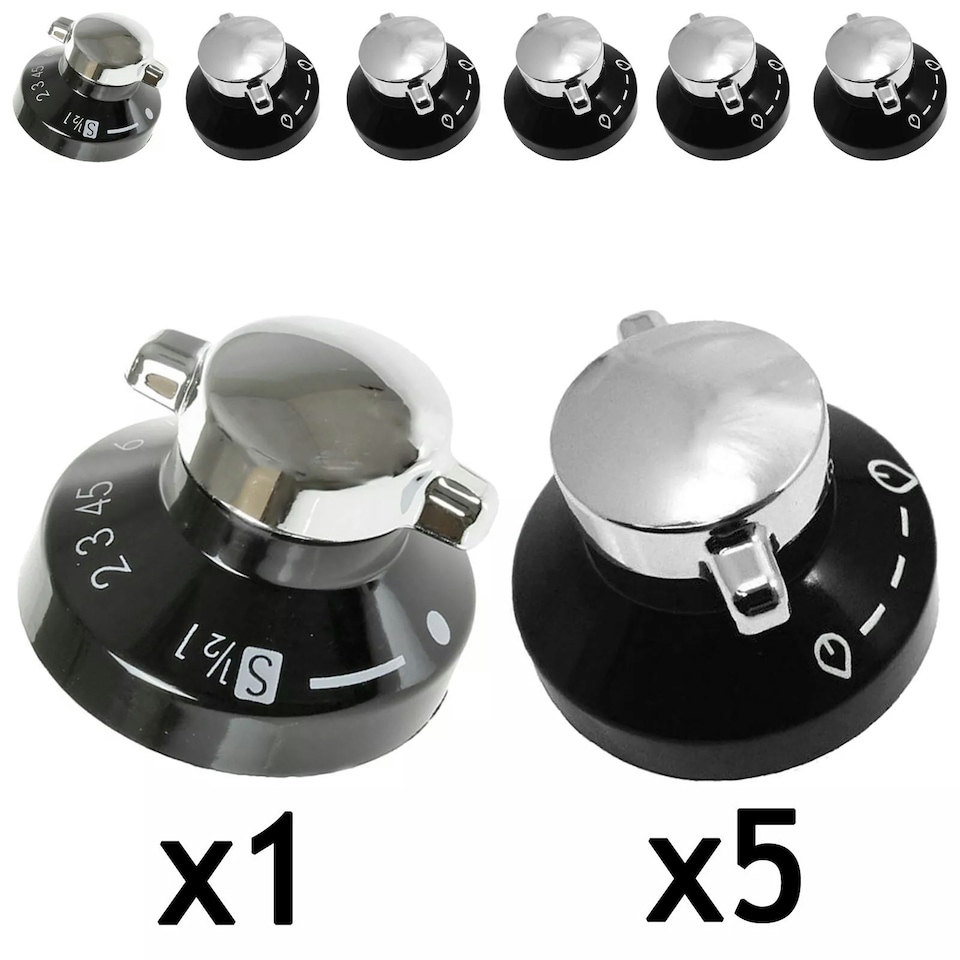 image 1 of SPARES2GO Control Knob for Belling  444445523, 444445724  New World 444441153 Gas Oven Cooker (Pack of 6 Knobs) Black | Silver