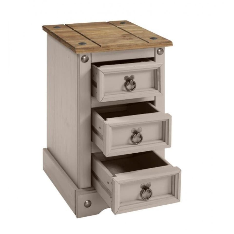 image 1 of Mercers Furniture Corona Grey Painted Wax Narrow 3 Drawer Bedside Cabinet Chest Table Solid Wood Pine with Wooden Mexican Styling