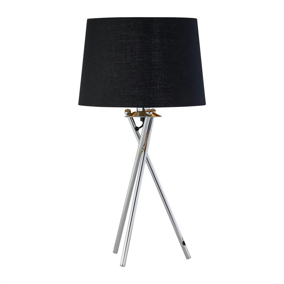 image 1 of Set of 2 Tripod - Chrome Lamps with Black & Gold Fabric Shade Chrome | Black