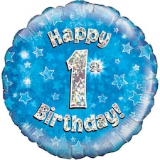 Oaktree 18 Inch Happy 1st Birthday Blue Holographic Balloon - Blue/Silver - One Size