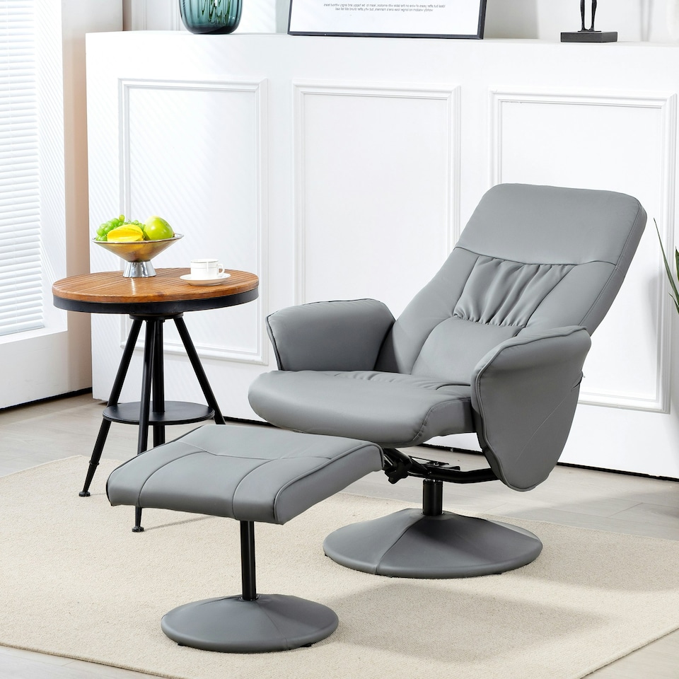 image 1 of HOMCOM PU Leather Armchair and Footrest Swivel Recliner w/ Ottoman Light Grey
