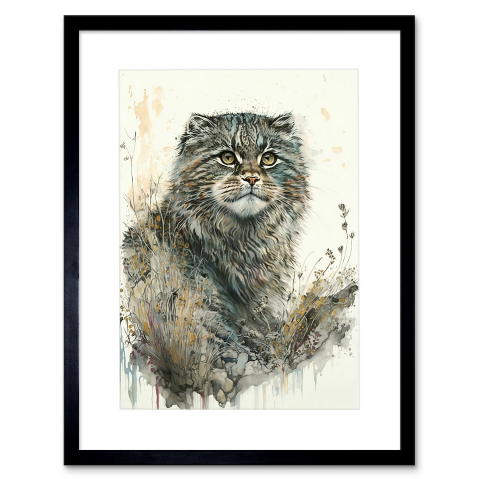 image 1 of Manul Pallas Cat Portrait Wildflowers Watercolour 9x7" Black Framed Wall Art Print