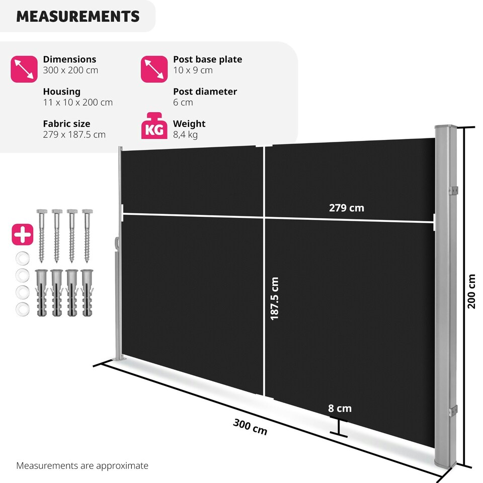 image 1 of Garden Privacy Screen with retractable side awning and aluminium casing Black | 200 x 300 cm