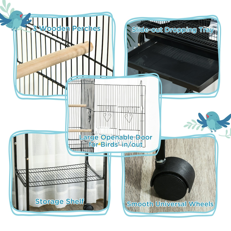 image 1 of PawHut Bird Cage for Budgie Finch Canary Parakeet W/ Stand Tray Black