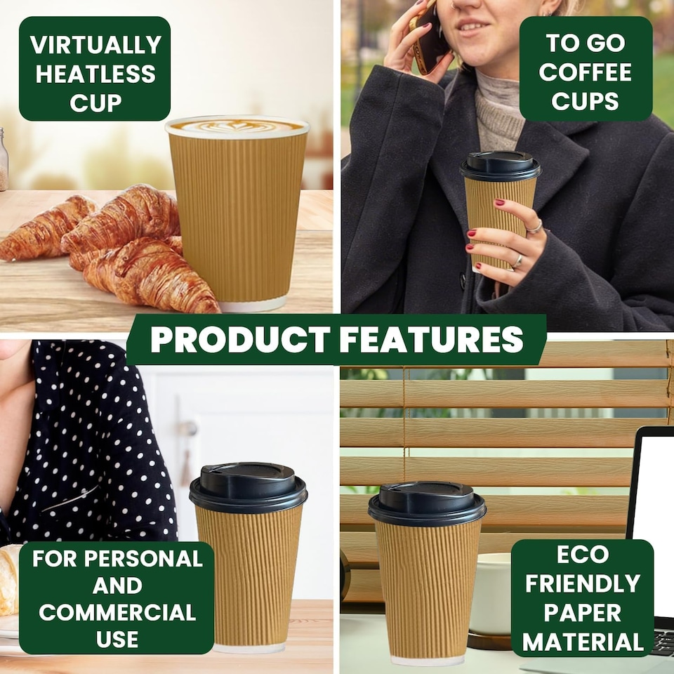 image 1 of ECONX 12oz Disposable Coffee Cups With Black Lid Ripple Insulated Paper Cups 50pc