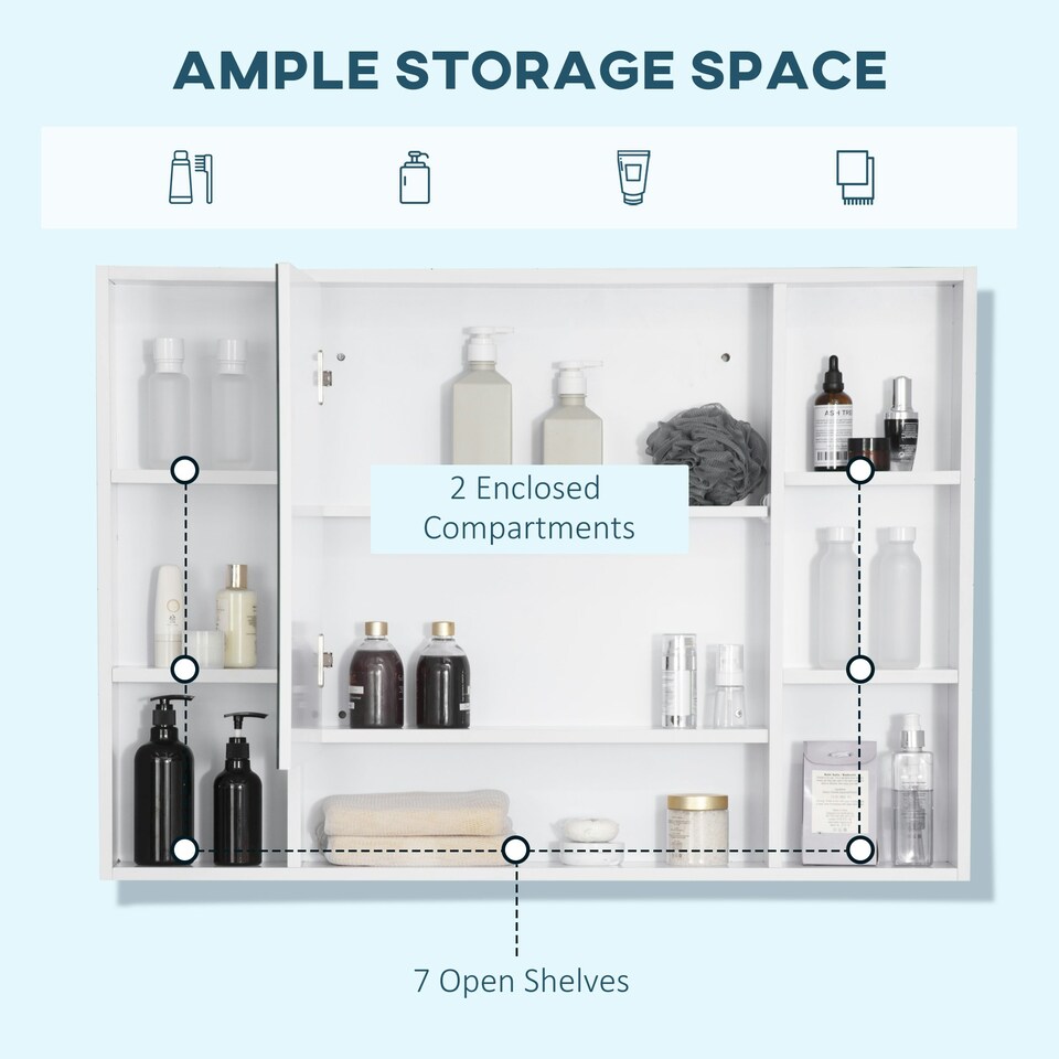 image 1 of kleankin Bathroom Cabinet Wall Mount Storage organiser Mirror Shelves White White