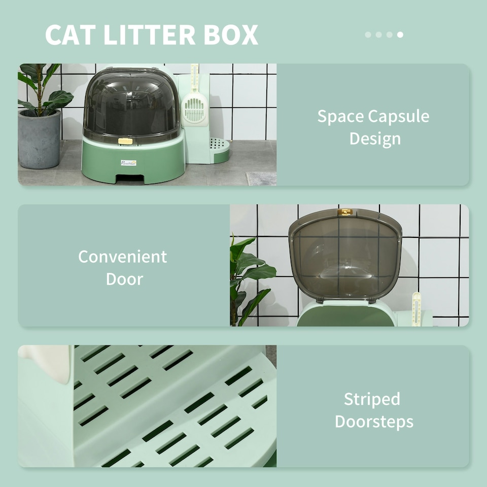 image 1 of PawHut 2 In 1 Cat Litter Tray w/ Drawer Pans, Scoop, Openable Cover - Green