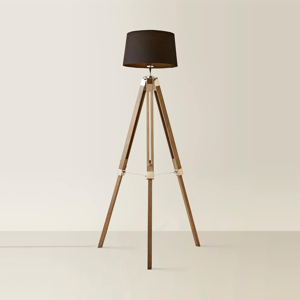 image 1 of ValueLights Clipper Light Wood Tripod Floor Lamp Black Taper Shade