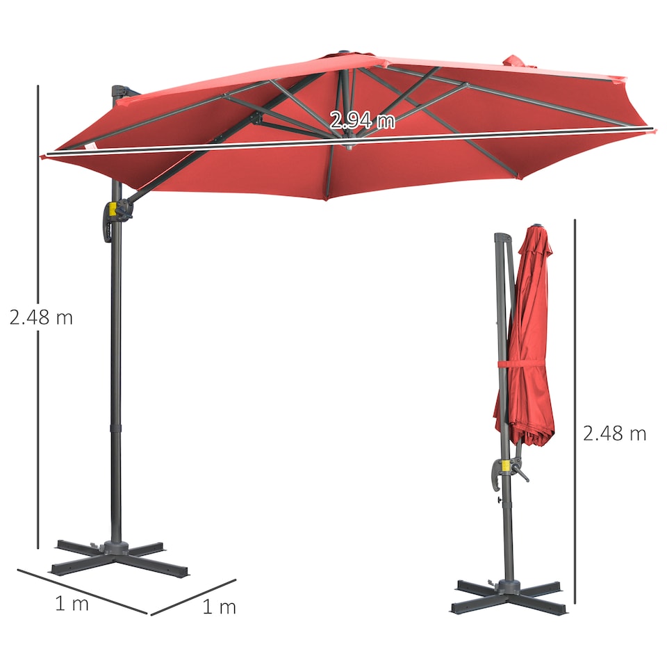 image 1 of Outsunny 3 x 3m Cantilever Parasol with Cross Base, Garden Umbrella with 360 Rotation, Crank Handle and Tilt for Outdoor, Patio, Wine Red