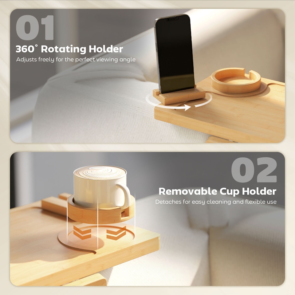 image 1 of HOMCOM Anti-Slip Sofa Armrest Tray with Phone and Cup Holder, Natural