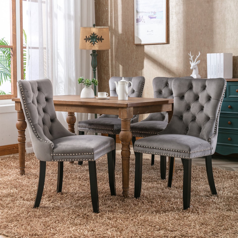 image 1 of Romsey Set of 4 Modern Velvet Dining Chairs with Solid Oak Legs