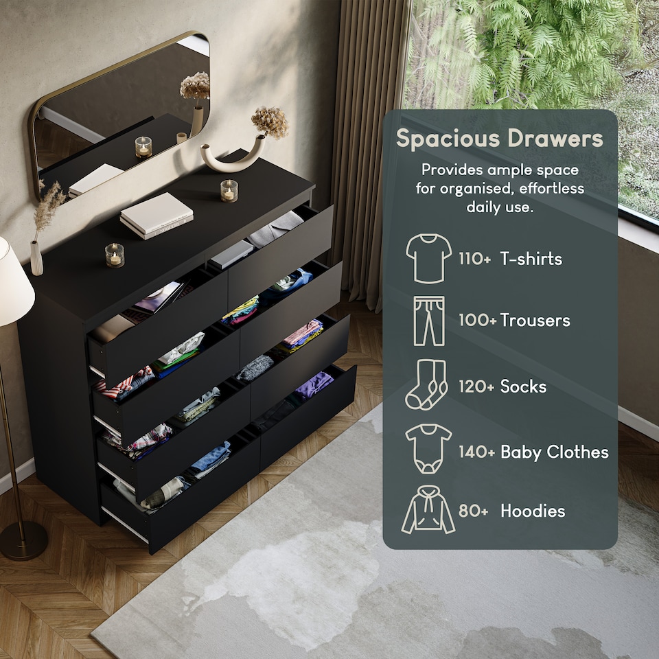 image 1 of Vida Designs Denver 8 Drawer Chest of Drawers Bedroom Storage, Black