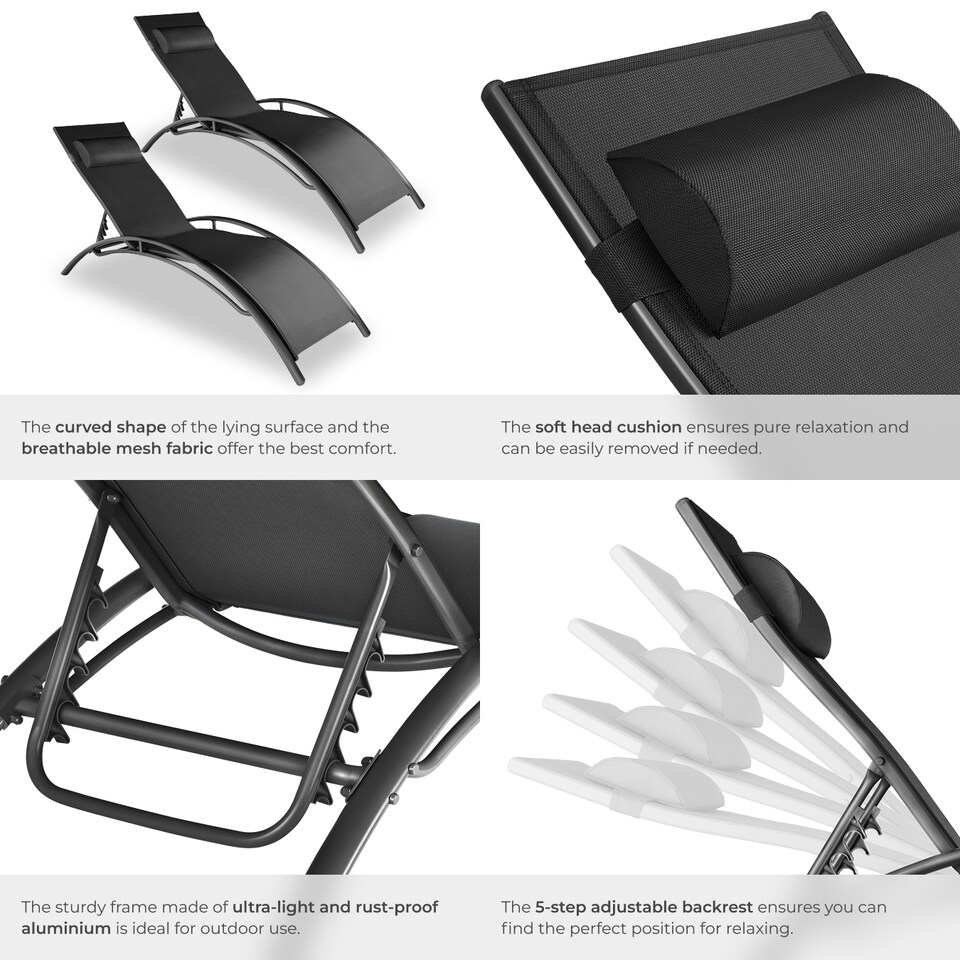 image 1 of Sun Lounger Set of 2 Alina - 5-step backrest, head cushion, aluminium frame | Black | black | 2