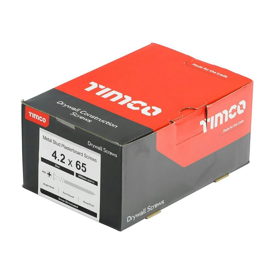 image 1 of Timco - Drywall Metal Stud Plasterboard Screws - PH - Bugle - Fine Thread - Zinc (Size 4.2 x 65 - 500 Pieces)