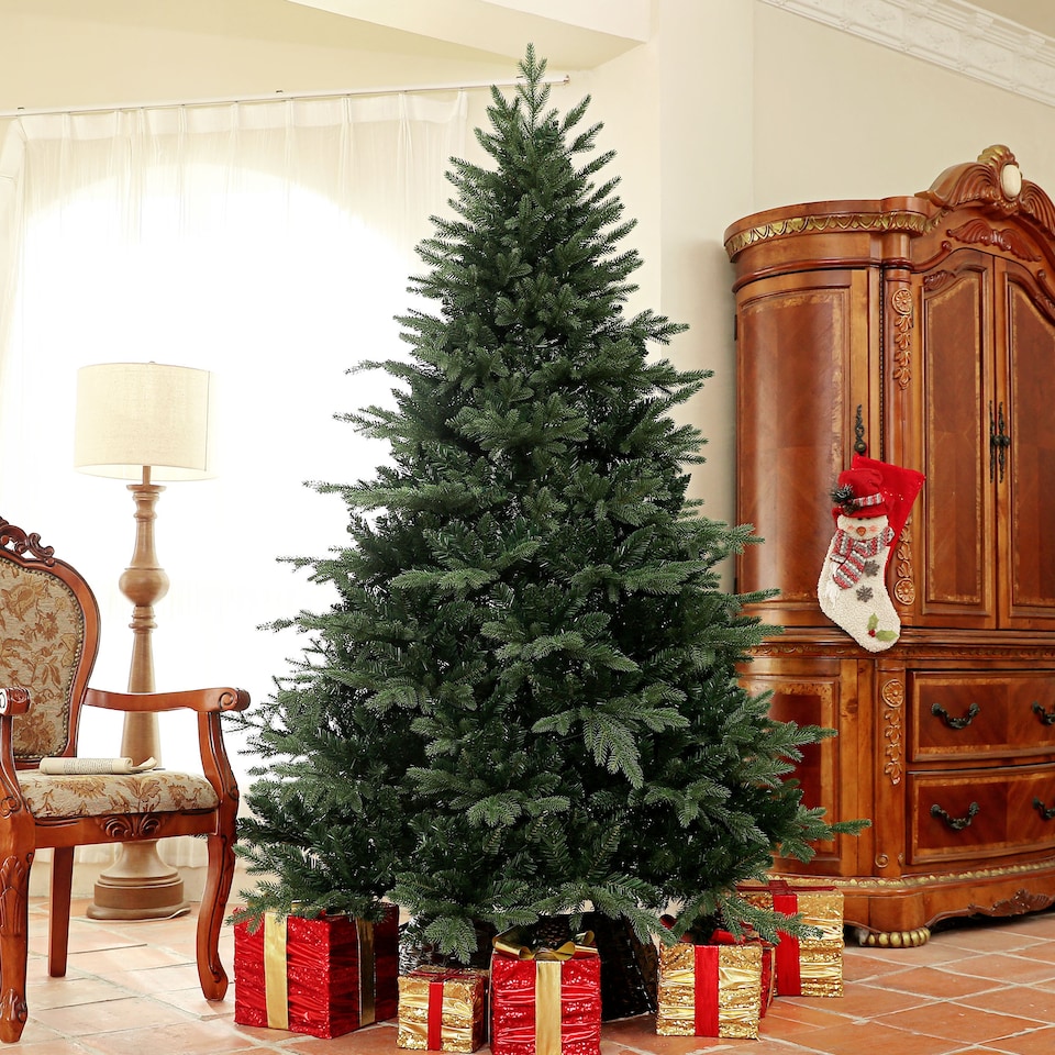 image 1 of HOMCOM 7ft Artificial Spurce Christmas Tree with 3116 Branch Tips and Foldable Steel Base, Realistic Hinged mas Tree for Home Office, Green