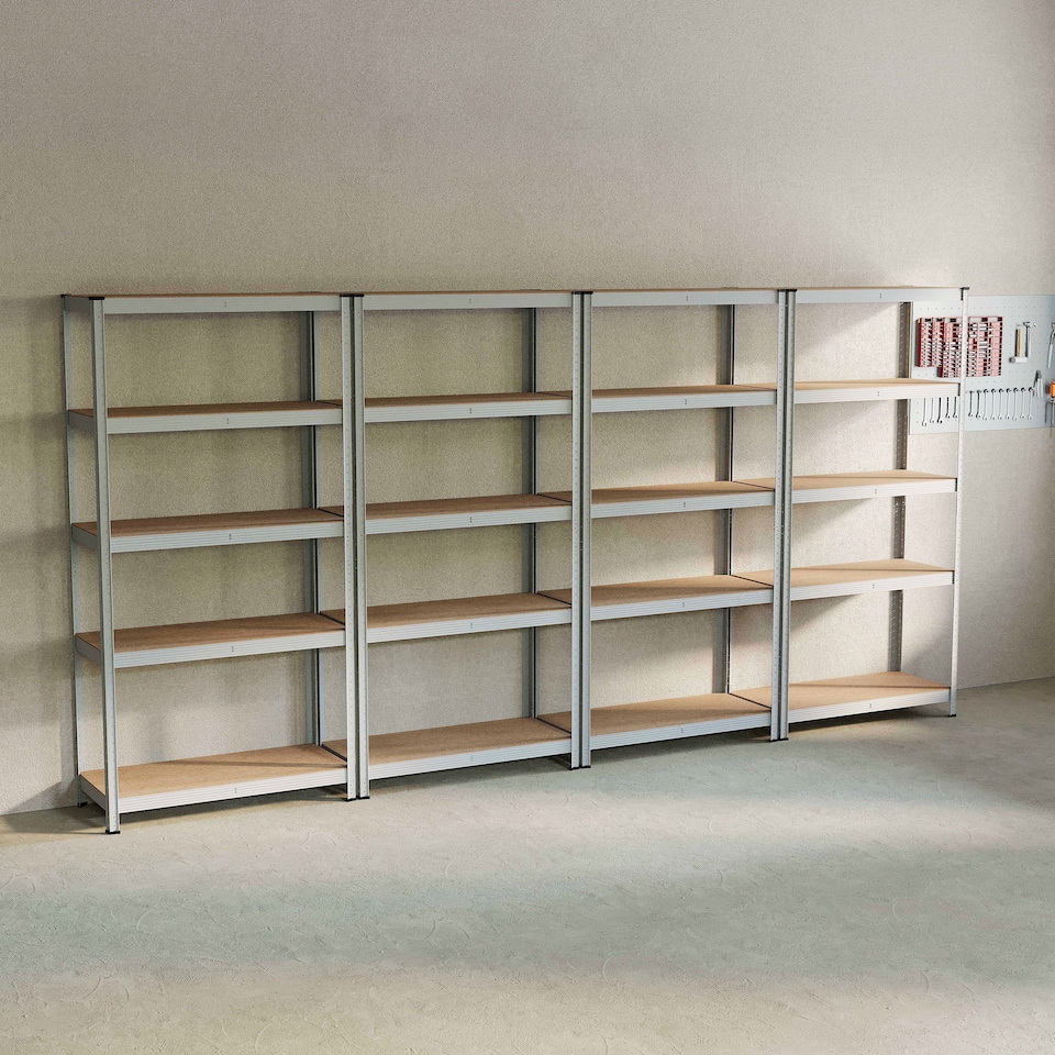 image 1 of Home Vida 5 Tier Heavy Duty Adjustable Steel Garage Shelving, Galvanised - Holds 875kg - (Set of 4) | Silver | Silver | Medium