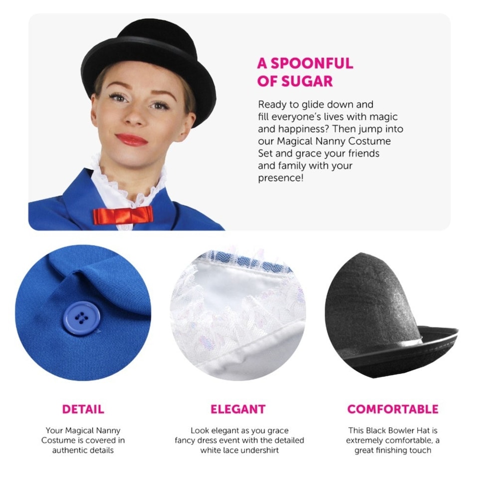 image 1 of Magical Nanny Costume - with Plain Bowler Hat Blue | 2XL
