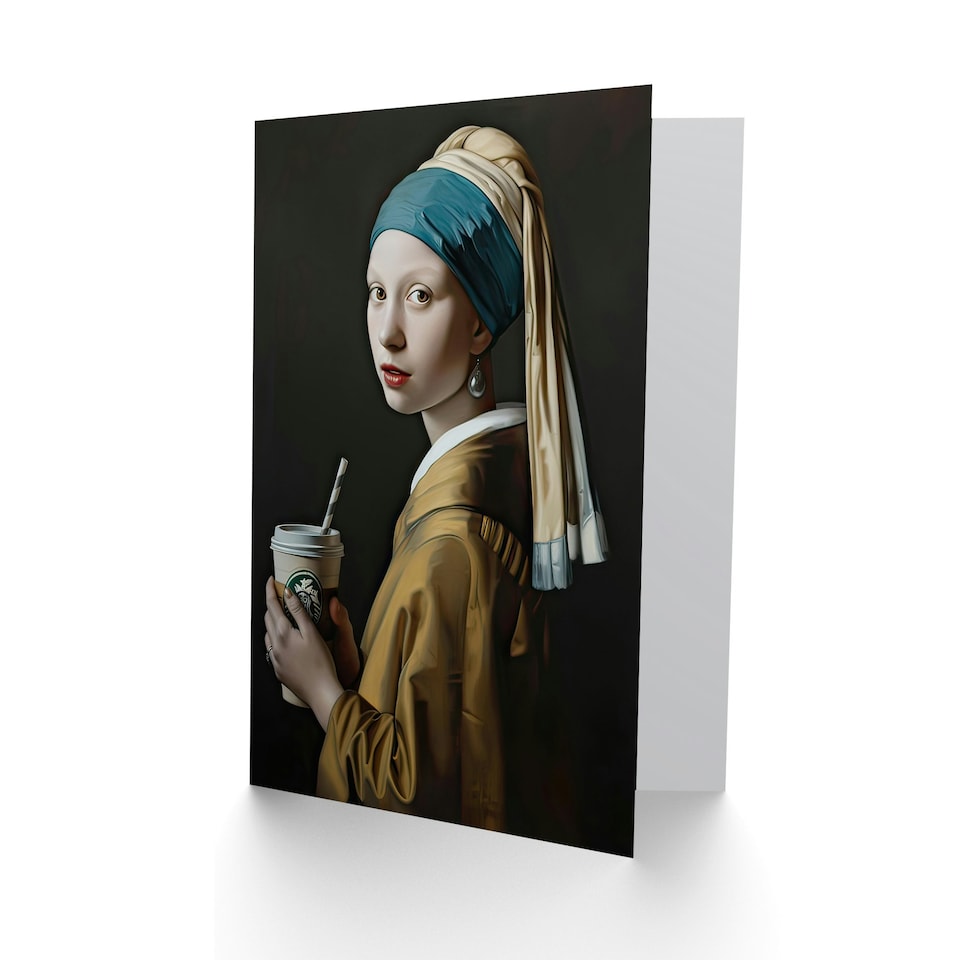 image 1 of Vermeer Girl Pearl Earring Coffee Remake Him Her Birthday Card