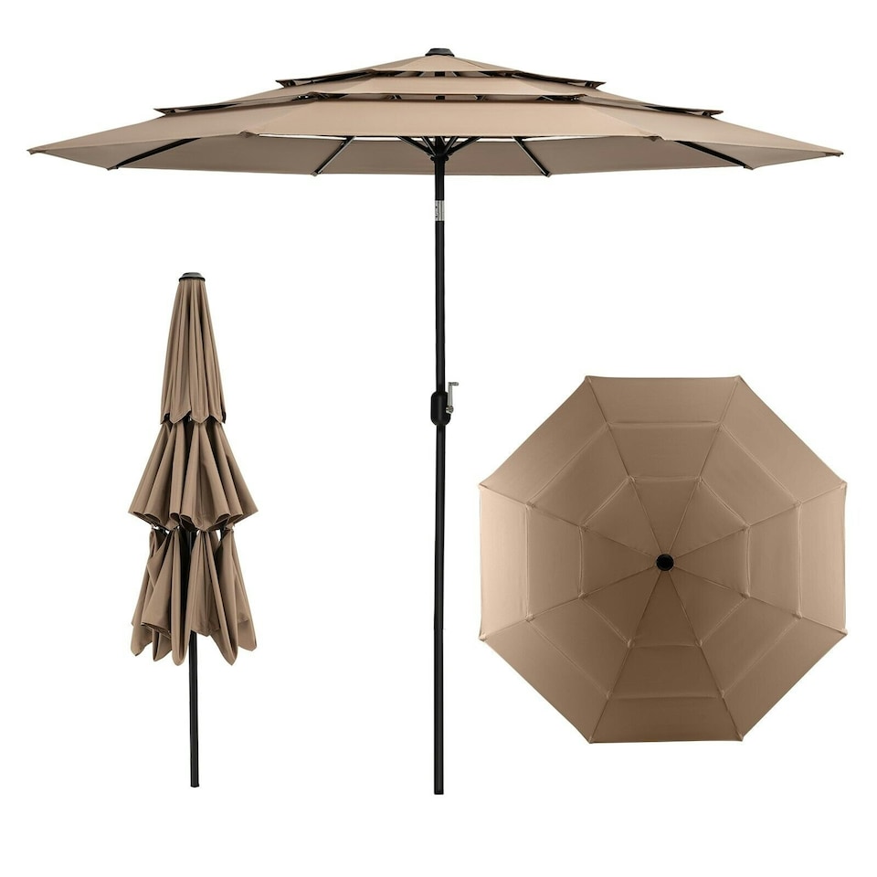 image 1 of COSTWAY 3-Tier Patio Umbrella Double Vented Crank Market Parasol Brown