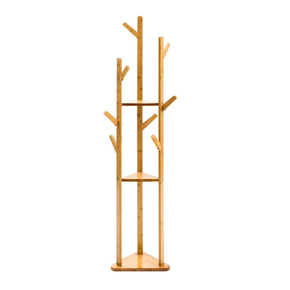 Living and Home Wooden Coat Rack Stand with 3 Shelves- Natural