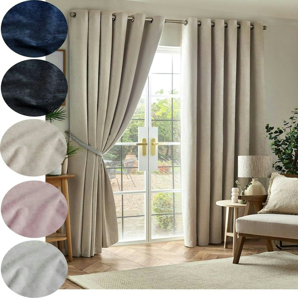 image 1 of Chenille Blackout Ring Top Eyelet Curtains - 117cm x 183cm - Cream