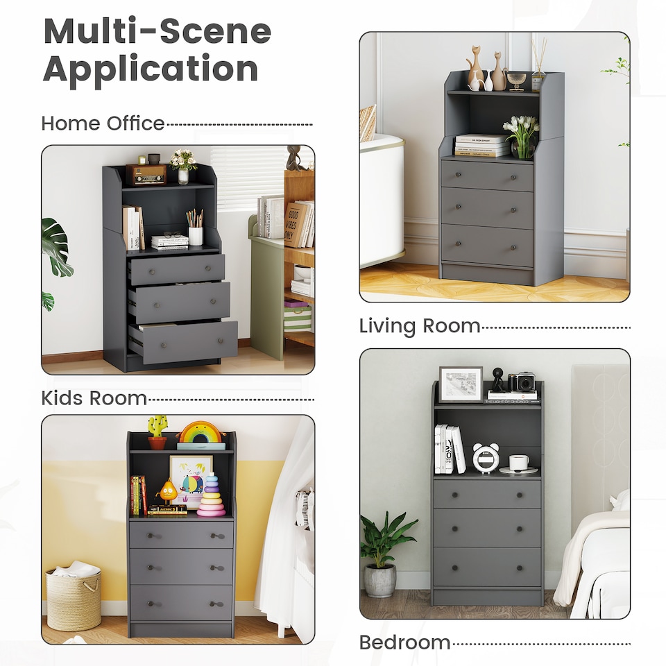 image 1 of COSTWAY 3 Drawer Dresser Storage Organizer with Shelves Grey