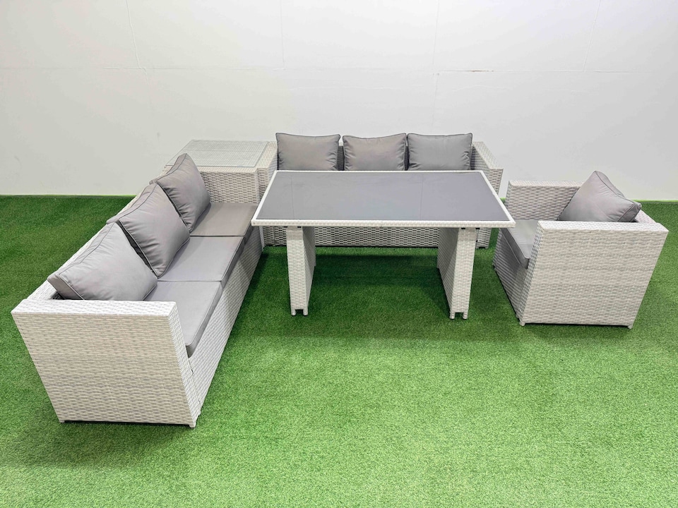 image 1 of Fimous Patio Garden Furniture Sets with Black Glass Top Dining Table 3 Seater Sofa Armchair Side Table Light Grey