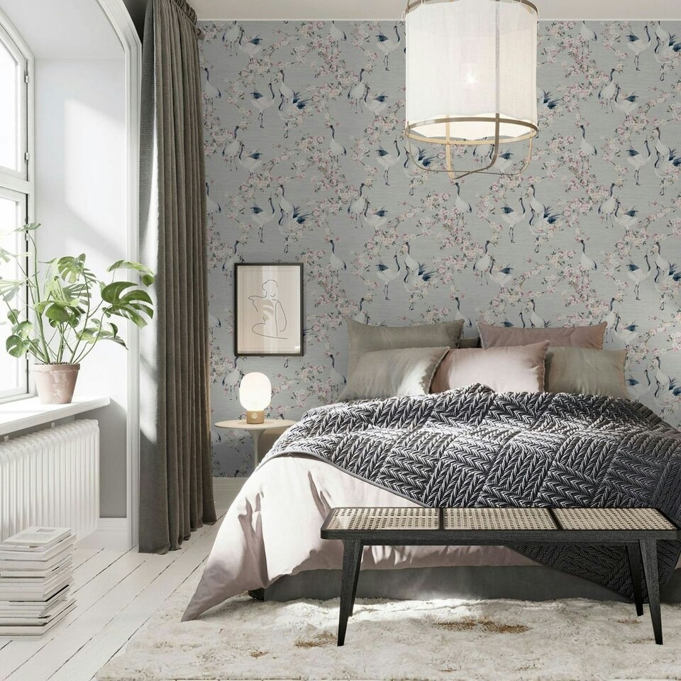 image 1 of Arthouse Blossom Crane Textured Wallpaper - Pink/White - One Size Pink