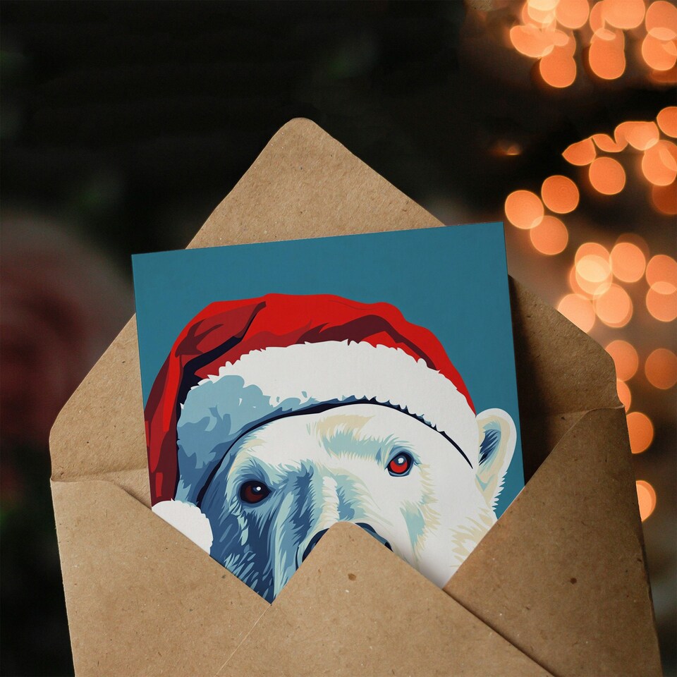 image 1 of Polar Bear With Santa Hat Blue Red Blank For Him Or Her Art Xmas Festive Christmas Card