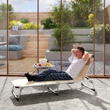 Outsunny Foldable Outdoor Sun Lounger, Reclining Lounge Chair Camping Bed Cot with Pillow 4-Level Adjustable Back Aluminium Frame, Khaki