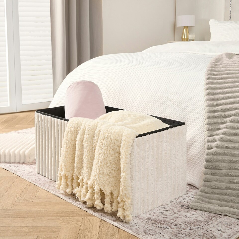image 1 of OHS Soft Fleece Ribbed Long Rectangle Foldable Footstool Seat Storage Organiser Ottoman Cream