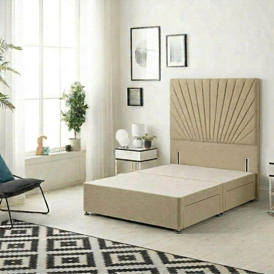 image 1 of Sunburst Divan Bed with 2 Drawers & 54'' Floor Standing Headboard Linen Fabric | Brown | Wheat