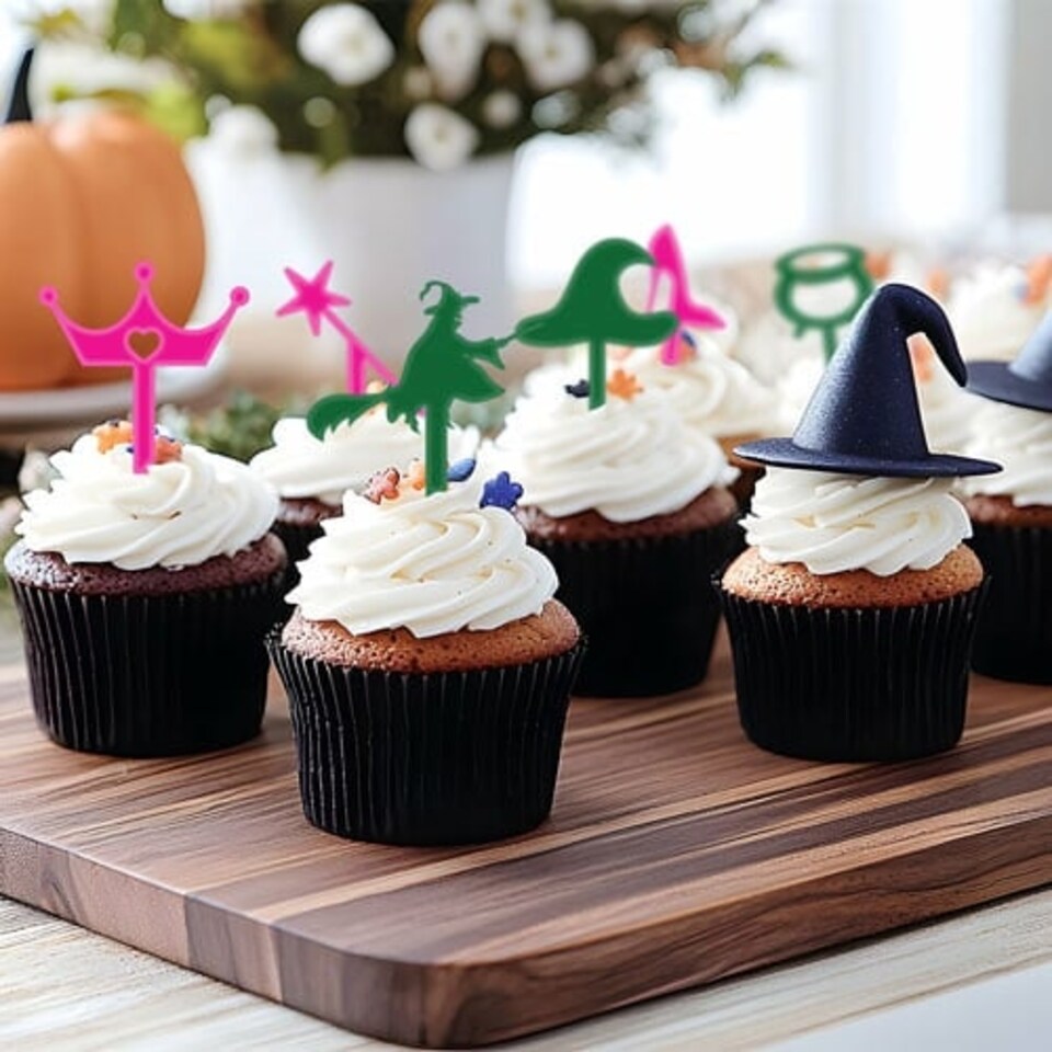 image 1 of Wickedly Magical Green & Hot Pink Acrylic Cake Pick Toppers - Pack of 6