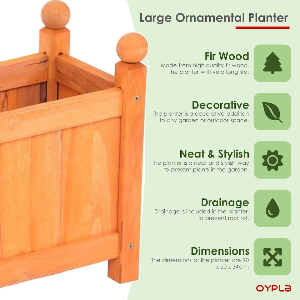 image 1 of Oypla Large Garden Wooden Rectangular Flower Planter Ornamental Plant Pot Brown