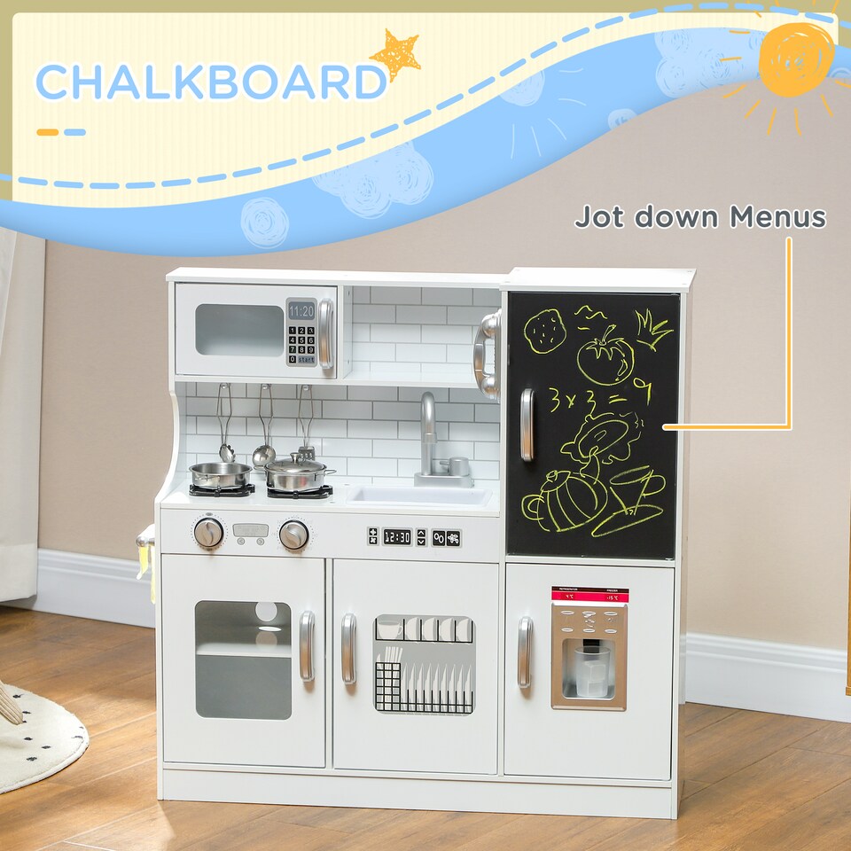 image 1 of AIYAPLAY Play Kitchen, Pretend Toy Kitchen with Toy Phone, Chalkboard, White | White | White
