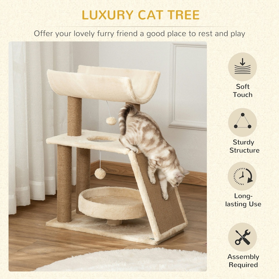 image 1 of PawHut Cat Tree Kitten Tower with Scratching Post Bed Perch Toy, Light Brown