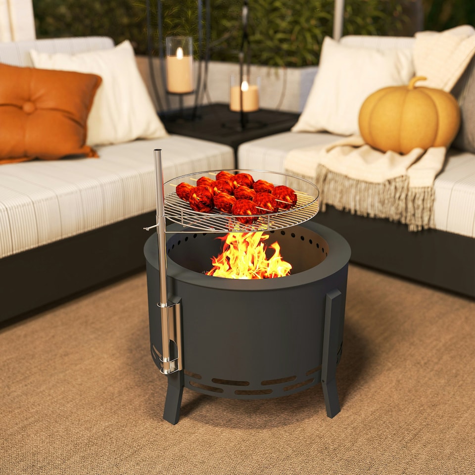 image 1 of Outsunny Portable Fire Pit, 58 cm Round Firepit with Grill Grate, Black