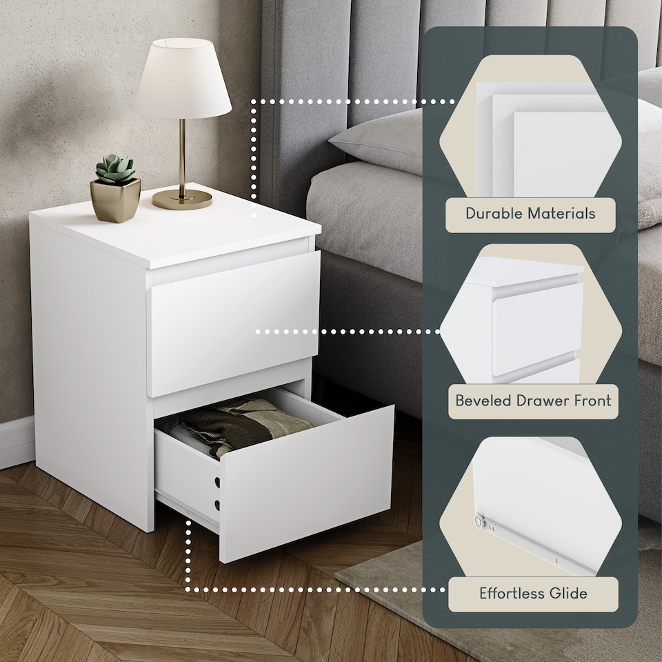 image 1 of Vida Designs Denver Large 2 Drawer Chest of Drawer Bedside Cabinet Nightstand Units Set of 2 - White