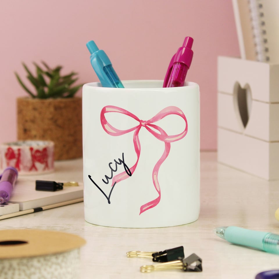 image 1 of Personalised Bow Make Up Brush Holder White