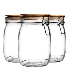 Argon Tableware Wooden Clip Lid Storage Jars - 1 Litre - Clear Seal - Pack of 3