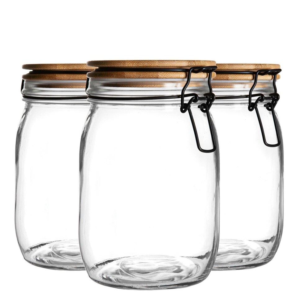 image 1 of Argon Tableware Wooden Clip Lid Storage Jars - 1 Litre - Clear Seal - Pack of 3