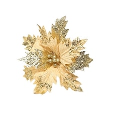 Gold Glitter Velvet Poinsettia Christmas Pick Decoration 30cm