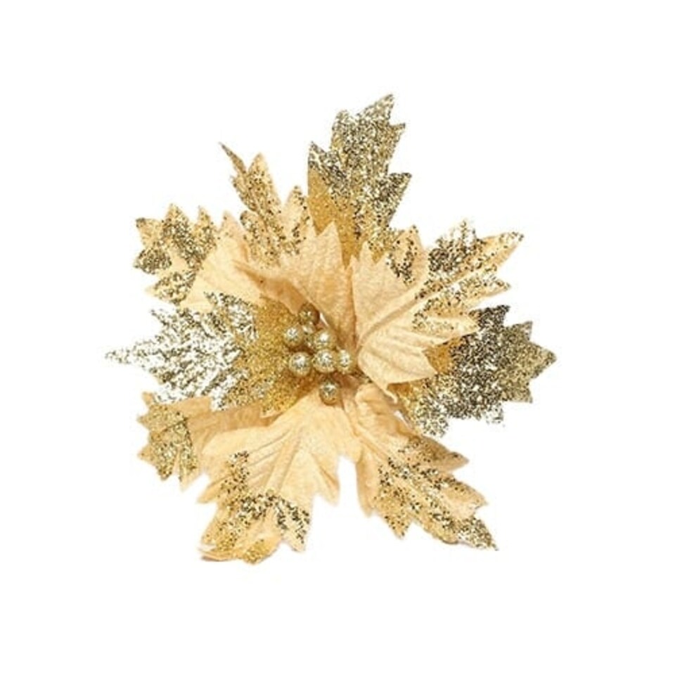 Gold Glitter Velvet Poinsettia Christmas Pick Decoration 30cm